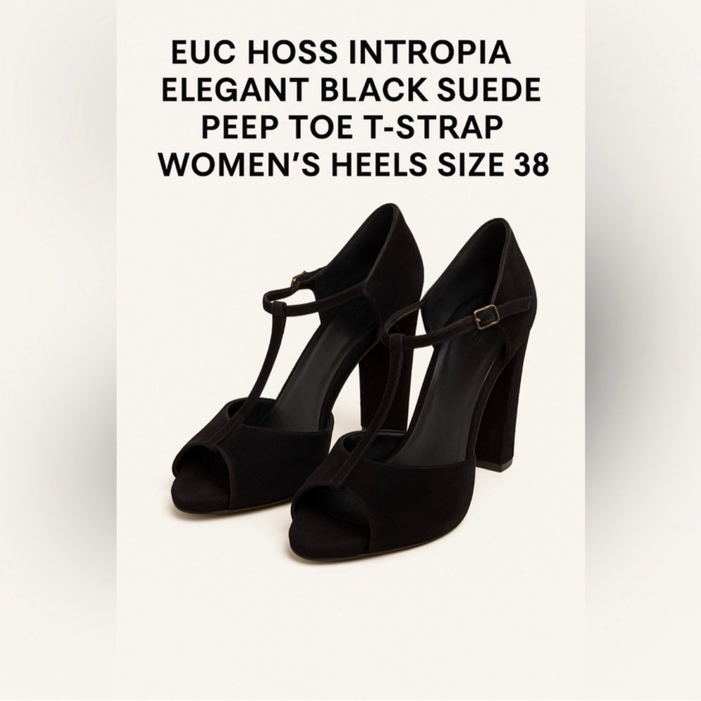 EUC Hoss Intropia Elegant Black Suede Peep Toe T-Strap Women's Heels Size 38